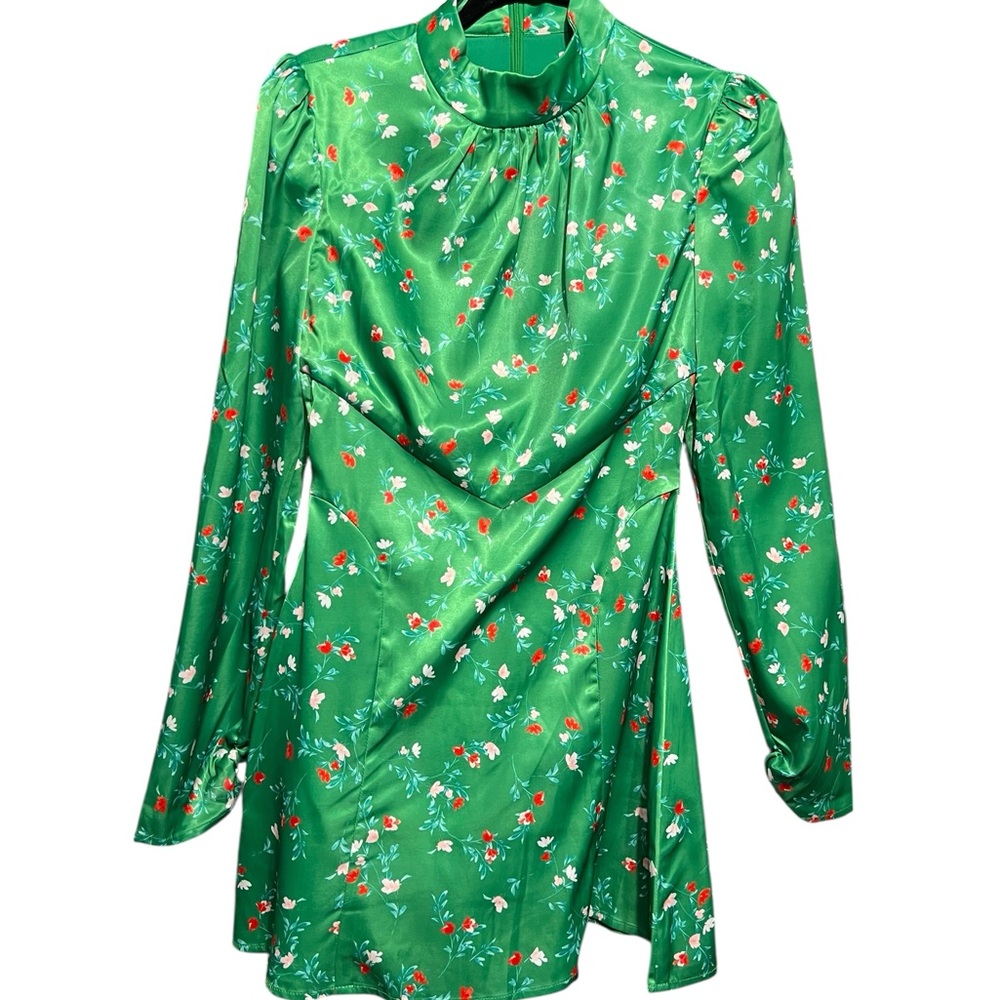Atoir Blossom Mini Dress Green Floral Princess Sleeve Satin Finish - Picture 3 of 3